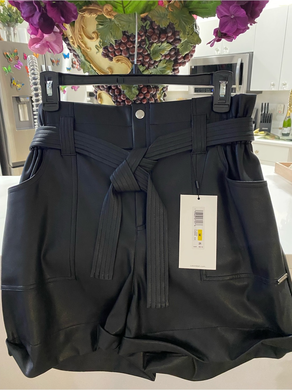 Calvin Klein Black High-Waist Faux Leather Belted Shorts